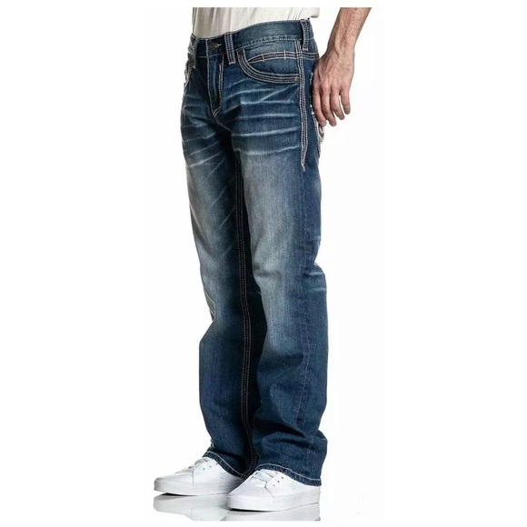 Affliction Men's Denim Jeans BLAKE FLEUR RINGO Biker Blue Embroidered - Picture 9 of 10